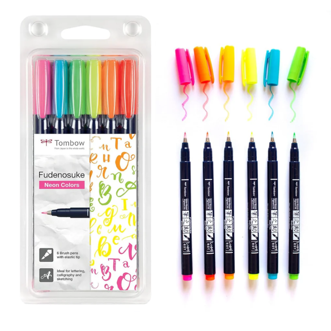 Tombow Fundenosuke Neon Colour Brush Pen Set of 6 Tombow Fundenosuke Neon Colour Brush Pen Set of 6