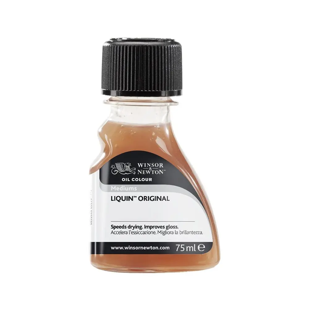 Winsor & Newton Oil Colour - Mediums Liquin Original A bottle of Winsor & Newton Liquin Original semi-gloss oil painting medium in 75ml, designed for fast drying, brushstroke reduction, and improved flow.