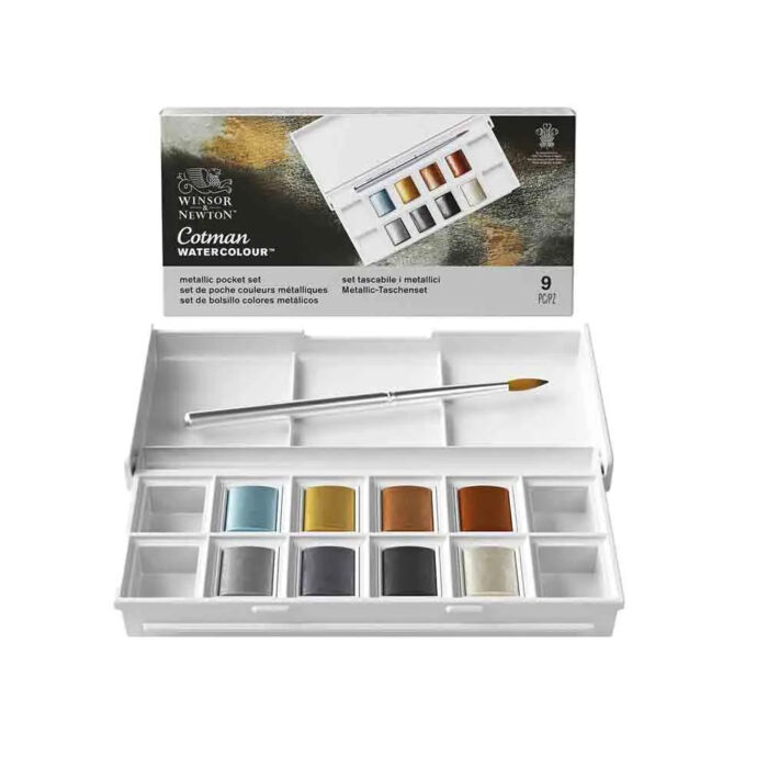 Winsor and Newton Cotman Water Colour Metallic Pocket Set - 8 Half Pans With Brush - Image 1