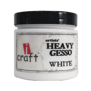 iCraft Artists Heavy White Gesso in a robust container, showcasing thick consistency suitable for various surfaces like canvas, wood, and paper, ideal for mixed media and fine art projects.