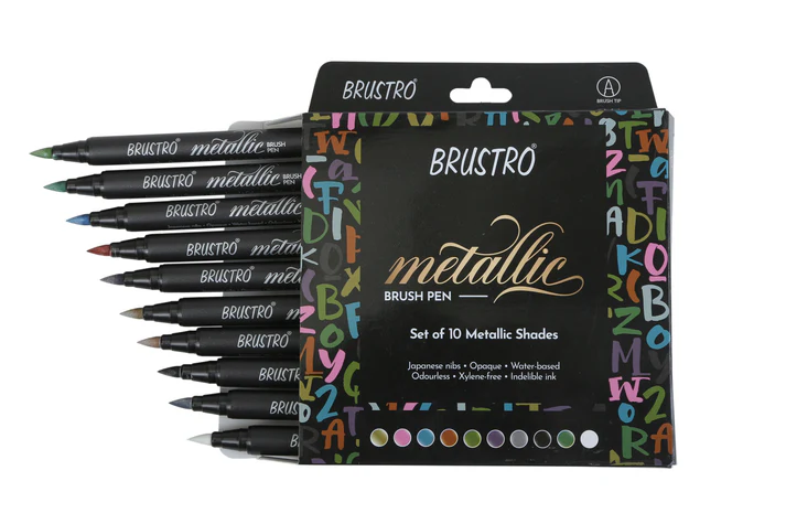 Brustro Metallic Brush Pen Set of 10 -Soft Brush Tip for Calligraphy, Hand Lettering, Colouring, Scrapbooking, Card Making