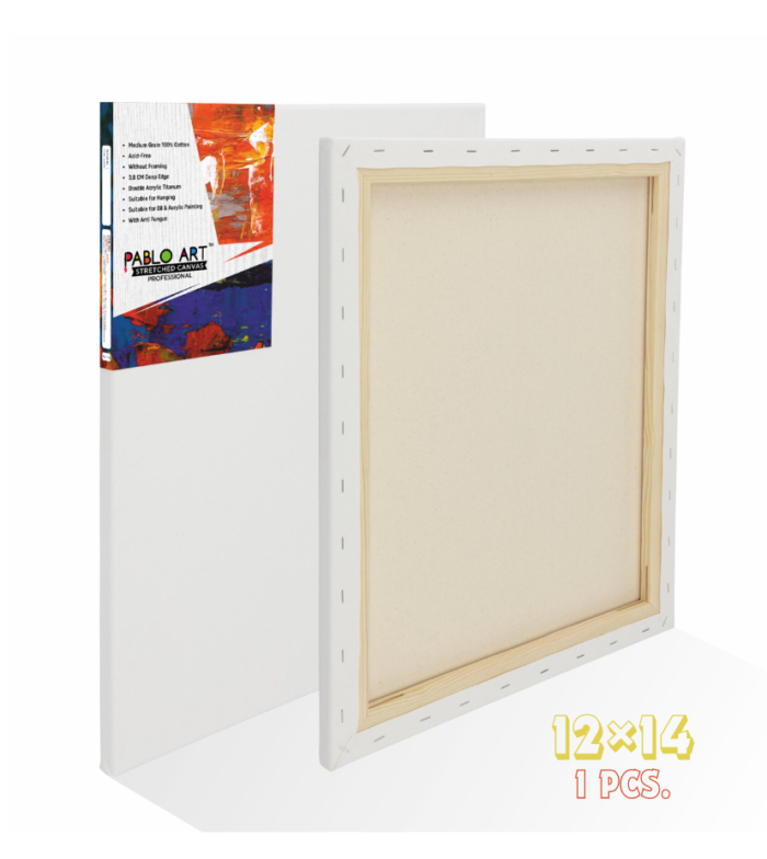 Pablo Art 12×14 Stretched Canvas Board, featuring premium cotton material, pre-stretched and primed, perfect for both acrylic and oil painting