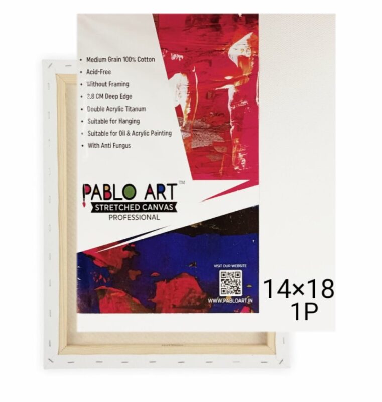 14×18-inch Pablo Art Stretched Canvas Board with wooden frame, premium cotton surface, ideal for acrylic and oil painting, designed for artists.