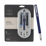 Parker Vector Standard Chrome Trim Calligraphy Fountain Blue Pen Body Color With 4 Ink Cartridges (2 Blue + 2 Black)