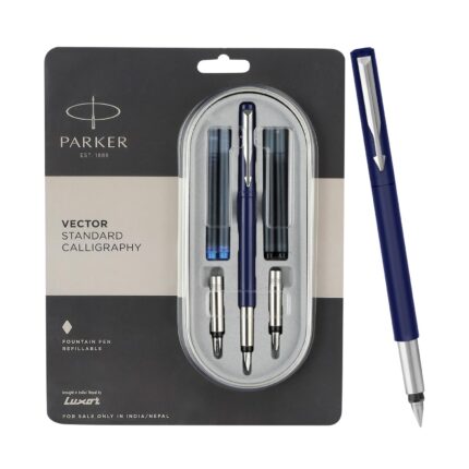 Parker Vector Standard Chrome Trim Calligraphy Fountain Blue Pen Body Color With 4 Ink Cartridges (2 Blue + 2 Black)