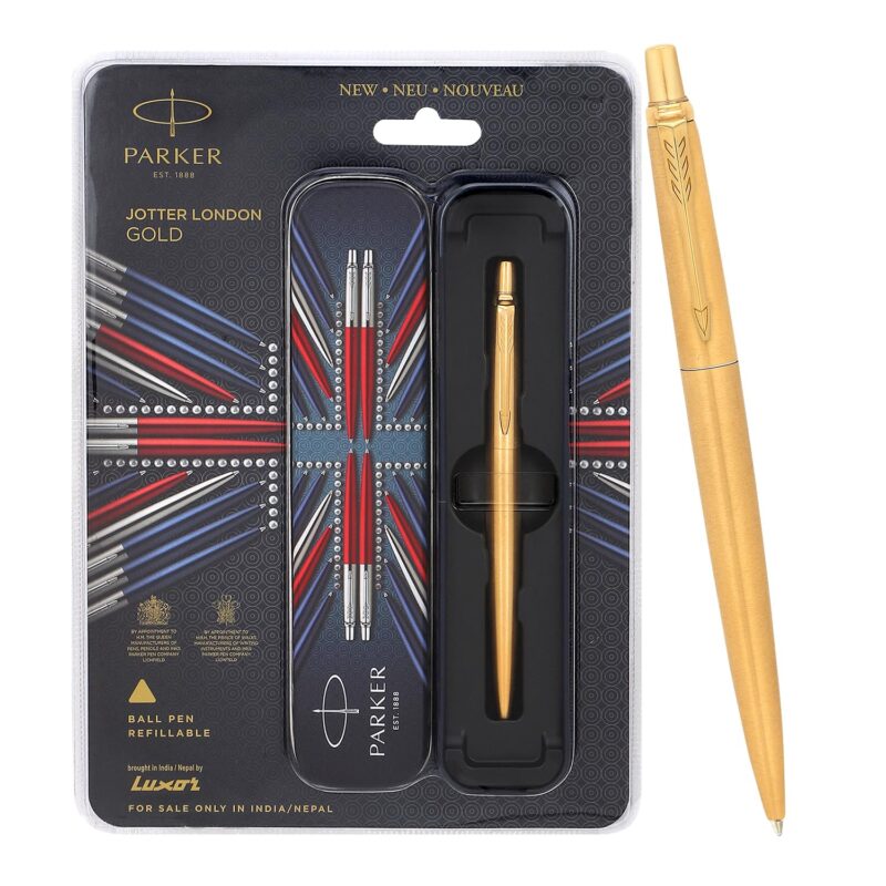 Parker Jotter Gold Blue Ball Pen featuring a gold finish and stainless steel body.