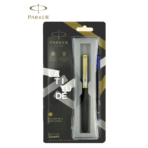 Parker Latitude Matte Metallix pen with a fine tip, featuring a black matte finish, stainless steel cap, and gold-plated clip.