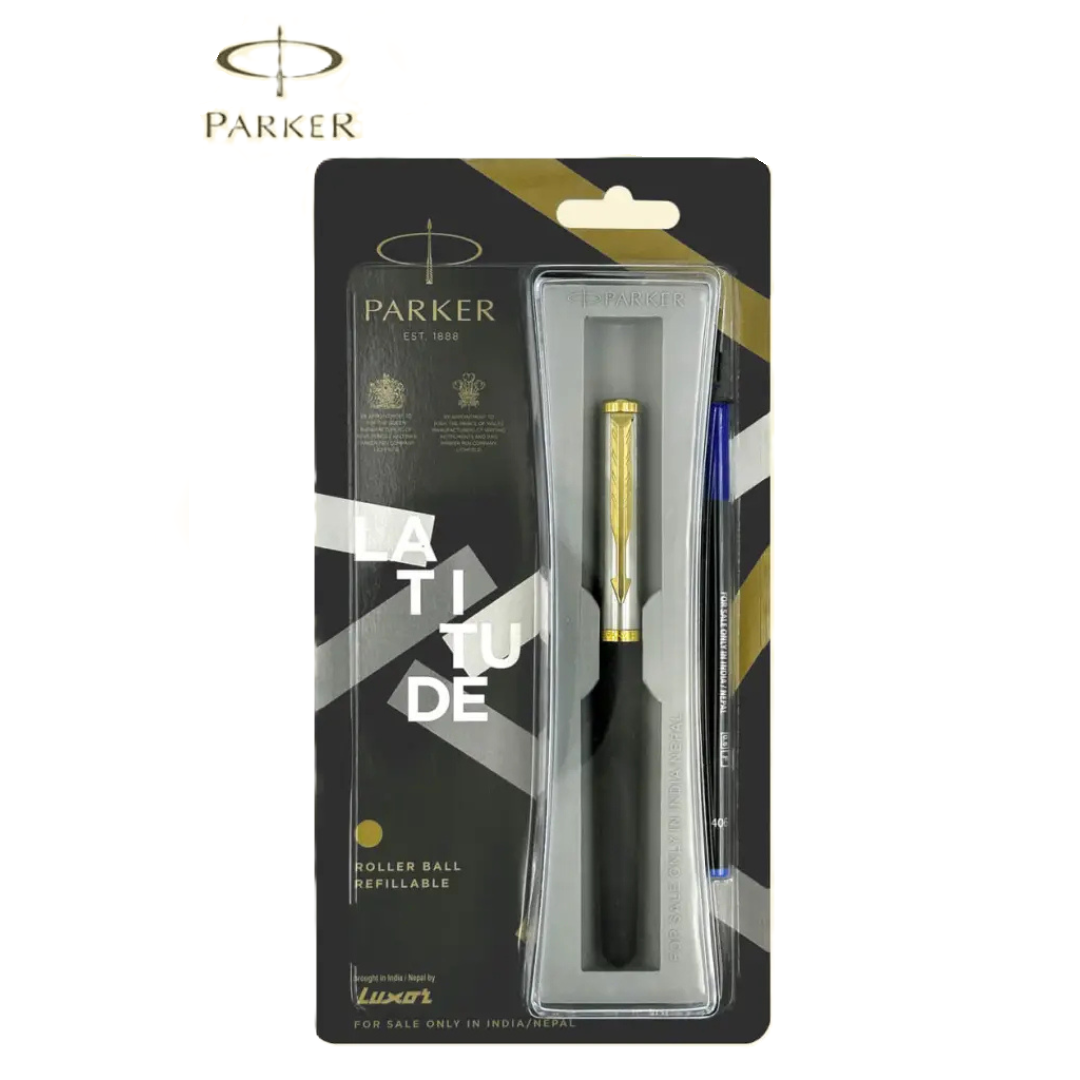 Untitled design (2) Parker Latitude Matte Metallix pen with a fine tip, featuring a black matte finish, stainless steel cap, and gold-plated clip.
