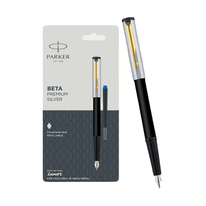 Parker Beta Premium Fountain Pen, Refillable, Chrome Trim, Gold with Free Ink Cartridge (1 Count, Ink - Blue)