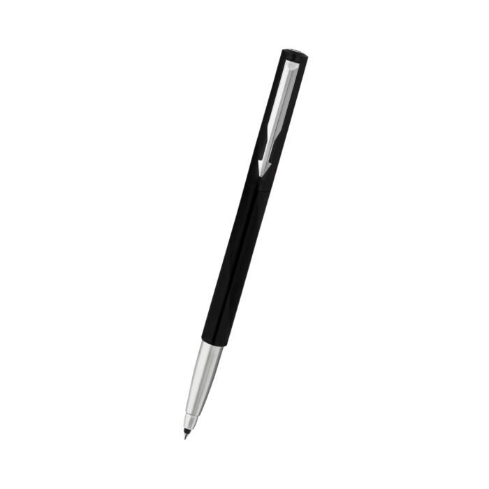 Parker Vector Gift Set Vector Chrome Trim Black Roller Ball Pen with Black Card Holder (Ink - Blue)