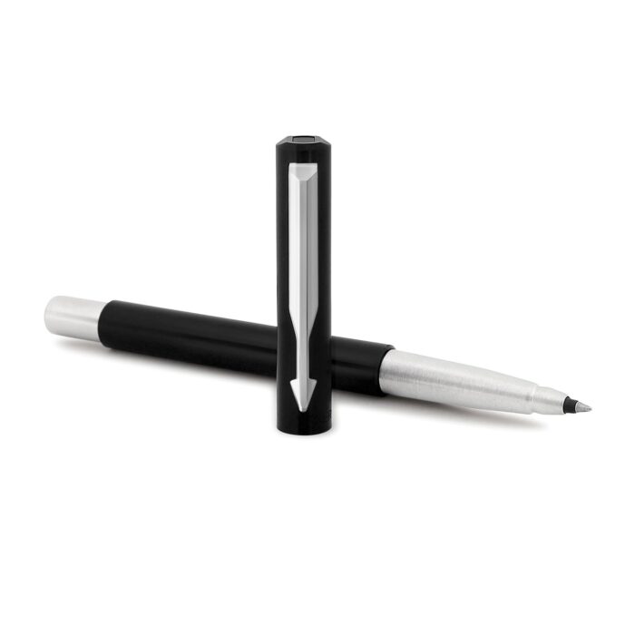 Parker Vector Gift Set Vector Chrome Trim Black Roller Ball Pen with Black Card Holder (Ink - Blue)
