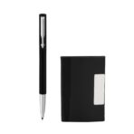 Parker Vector Gift Set Vector Chrome Trim Black Roller Ball Pen with Black Card Holder (Ink - Blue)