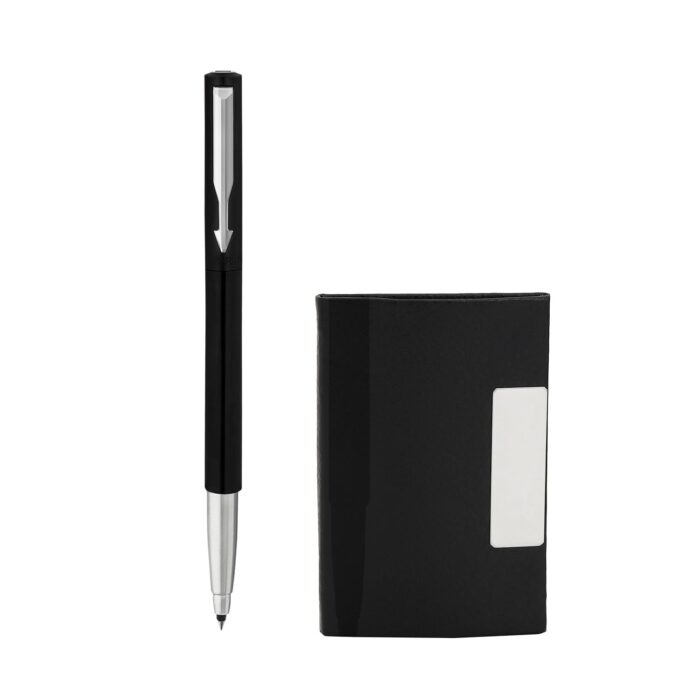 Parker Vector Gift Set Vector Chrome Trim Black Roller Ball Pen with Black Card Holder (Ink - Blue)