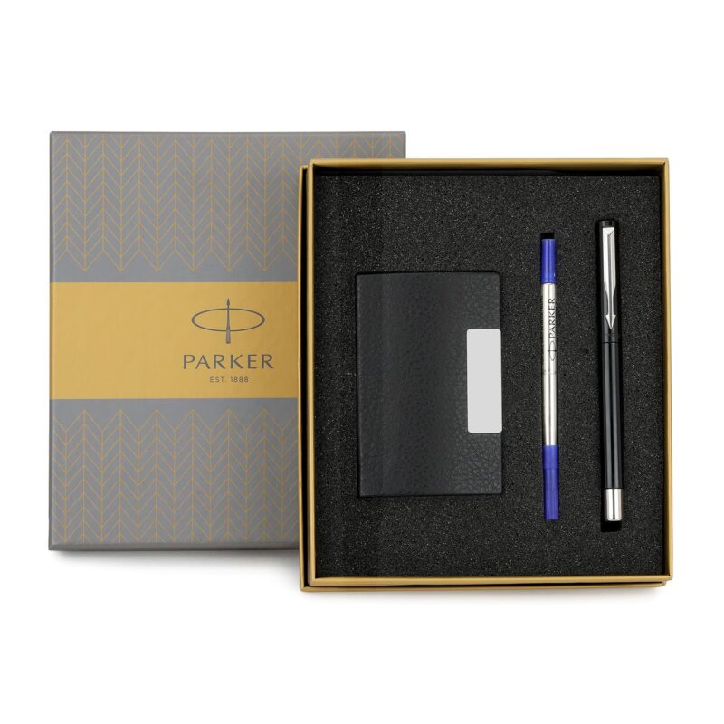 Parker Vector Trim Black Roller Ball Pen with Black Card Holder (Ink – Blue)