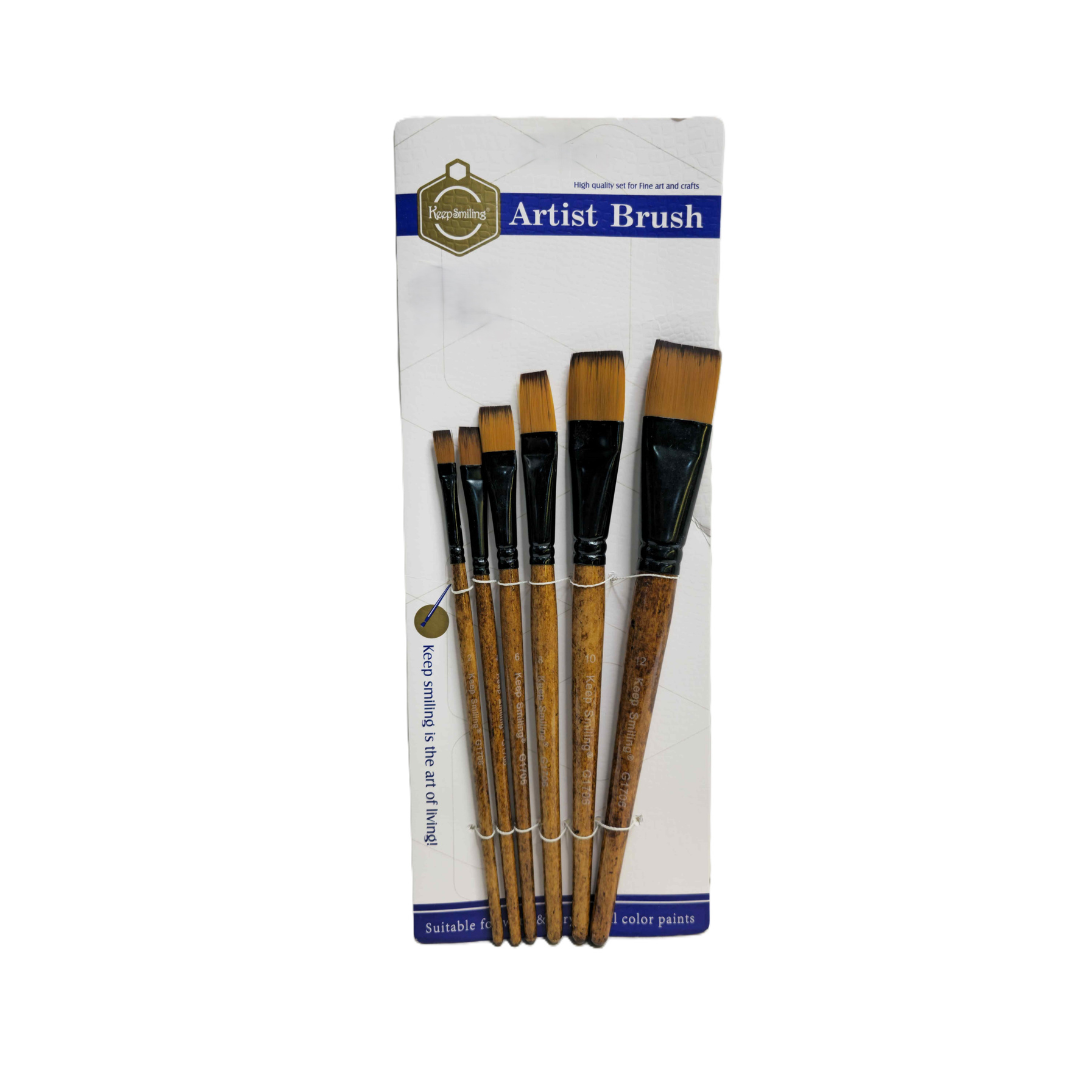Keep Smiling Artists Flat Brushes Set of 6 pcs with synthetic bristles and ergonomic handles in a transparent pouch.