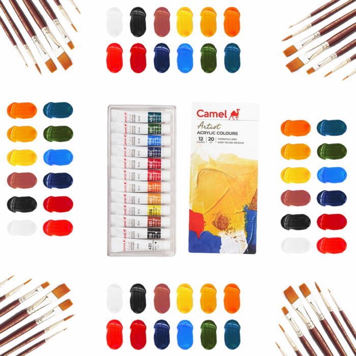 Camel Artist Acrylic Colors 12 shades 20ml and Get Camel Synthetic Gold Brushes pack of  7 Round,Flat-Series 66 & 67 - Image 2