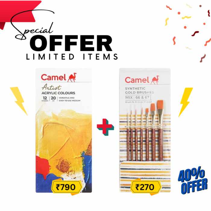 Camel Artist Acrylic Colors 12 shades 20ml and Get Camel Synthetic Gold Brushes pack of  7 Round,Flat-Series 66 & 67 - Image 1
