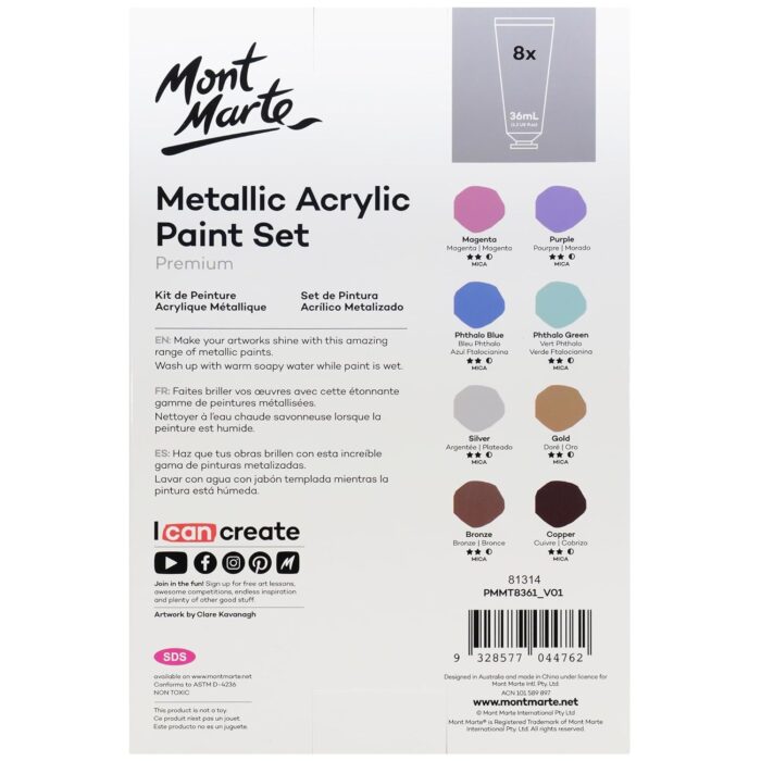 Mont Marte Metallic Acrylic Paint Set 8pc x 36ml - Image 2