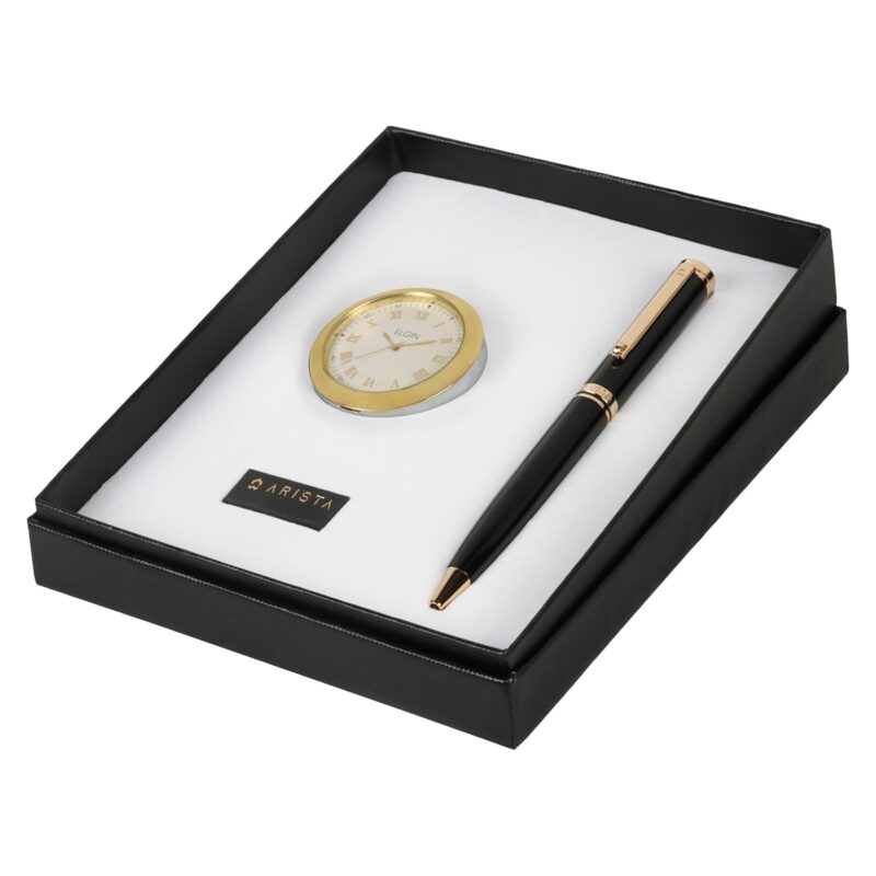 Arista | Ballpoint Pen | Black With Gold Trim | With Gold Chrome Table Clock