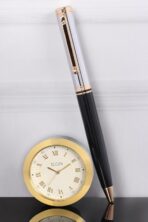 Arista | Ballpoint Pen | Black Barrel Chrome Cap With Gold Trim | With Gold Chrome Table Clock