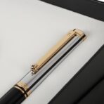 Arista | Ballpoint Pen | Black Barrel Chrome Cap With Gold Trim | With Gold Chrome Table Clock