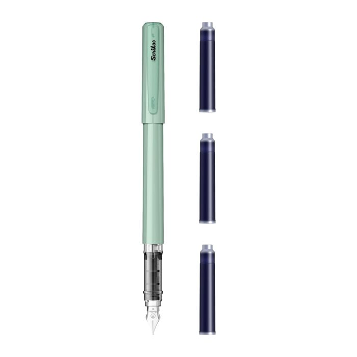 Scrikss Primeo Medium Nib Fountain Pen | 3 Cartridges Included | Stainless Steel Nib & ABS Body | Mint | in Blister Pack