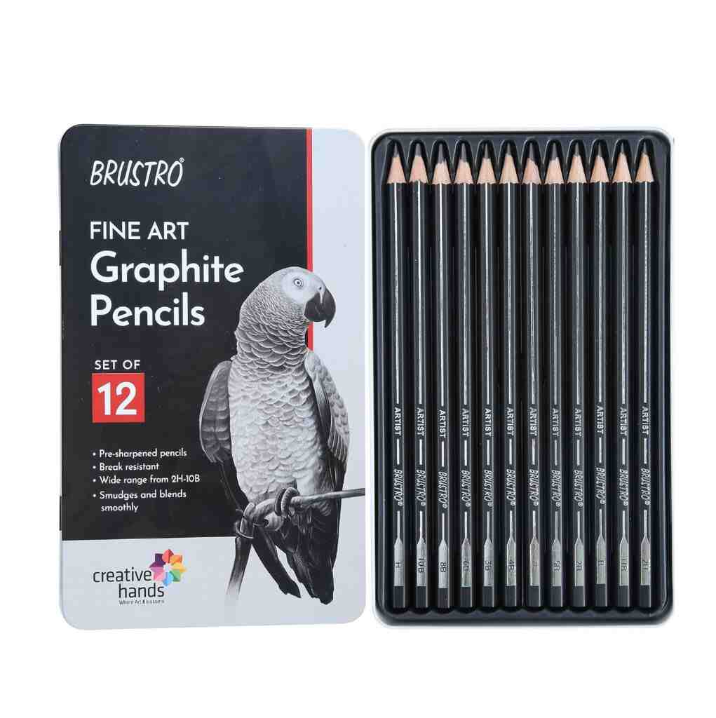 Brustro graph (2) BRUSTRO Fine Art Graphite Pencil Set |10B - 2H | Pack of 12 with Elegant Tin Box - Image 1