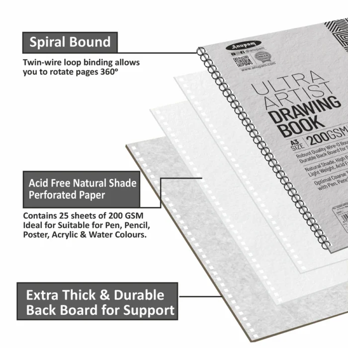 Anupam Ultra Artist Drawing Book - Wireo Bound - 200gsm Cartridge Paper-25 sheets