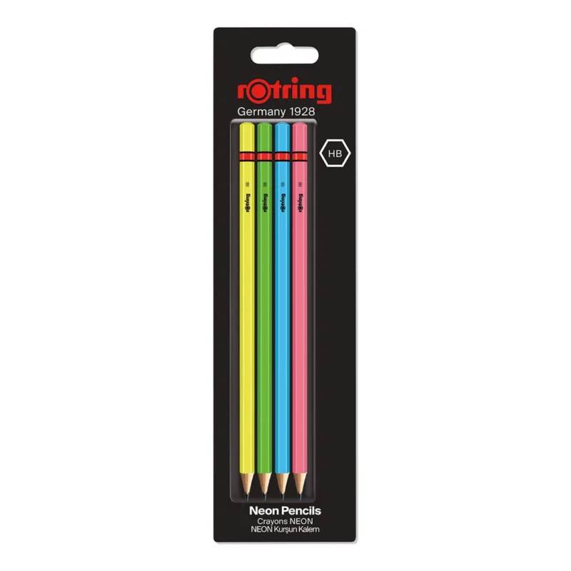 Rotring | Woodcase | HB Graphite Pencil | Neon Assorted Colours | Blister Pack of 4 Wooden Pencils