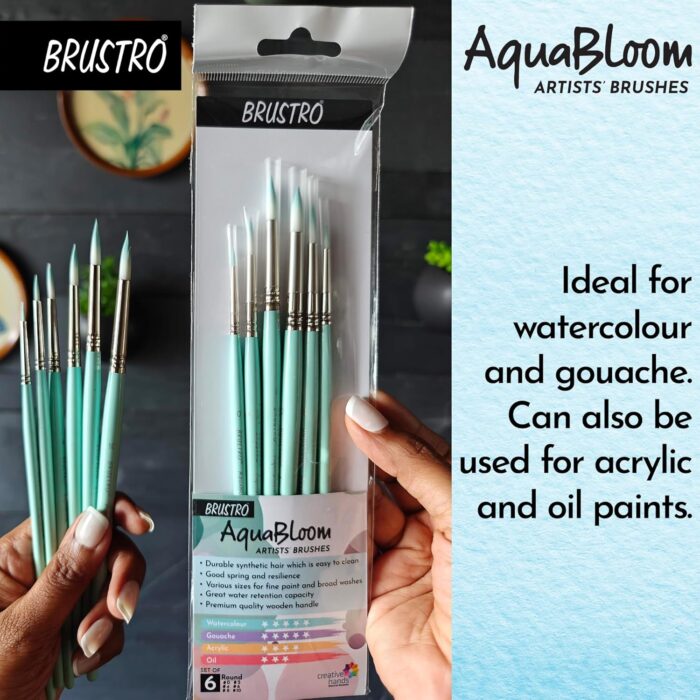 BRUSTRO AquaBloom Artist's Paint Brushes | Round | Set of 6 - Sizes (0, 2, 4, 6, 8, 10)