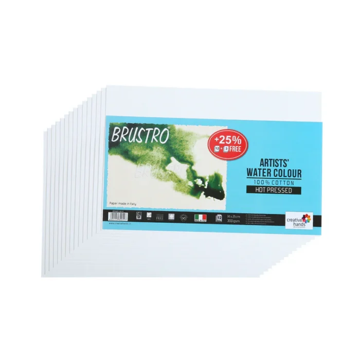 Brustro Artists’ Watercolour Paper 300 GSM 14 cm x 21 cm Hot Pressed (Pack of 12 + 3 Free Sheets)