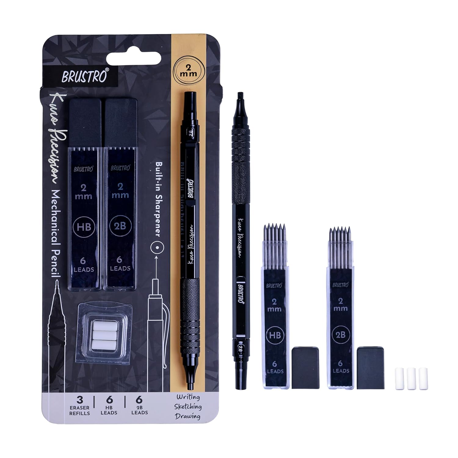 Brustro Kuro Precision Mechanical Pencil Tip Size- 2mm With 6- HB and 6- 2B Leads , Built-in-Sharpener, 3 Eraser Refill 8 Brustro Kuro Precision Mechanical Pencil Tip Size- 2mm With 6- HB and 6- 2B Leads , Built-in-Sharpener, 3 Eraser Refill