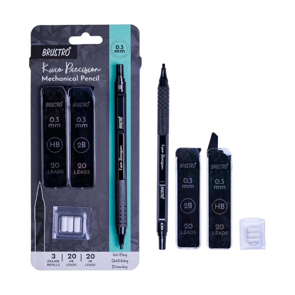 Brustro Kuro Precision Mechanical Pencil | Tip Size - 0.3mm With 20 - HB and 20 - 2B leads , 3 Eraser Refills