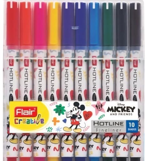 FLAIR Hotline Fineliner Art Marker Pens 10 Assorted Shades- Pack of 1 Flair Creative Mickey & Friends Hotline Fineliner Set with 10 vibrant fine tip pens