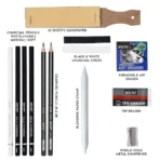 BRUSTRO Black and White Charcoal Drawing Set of 13 Pcs in a Metal Box