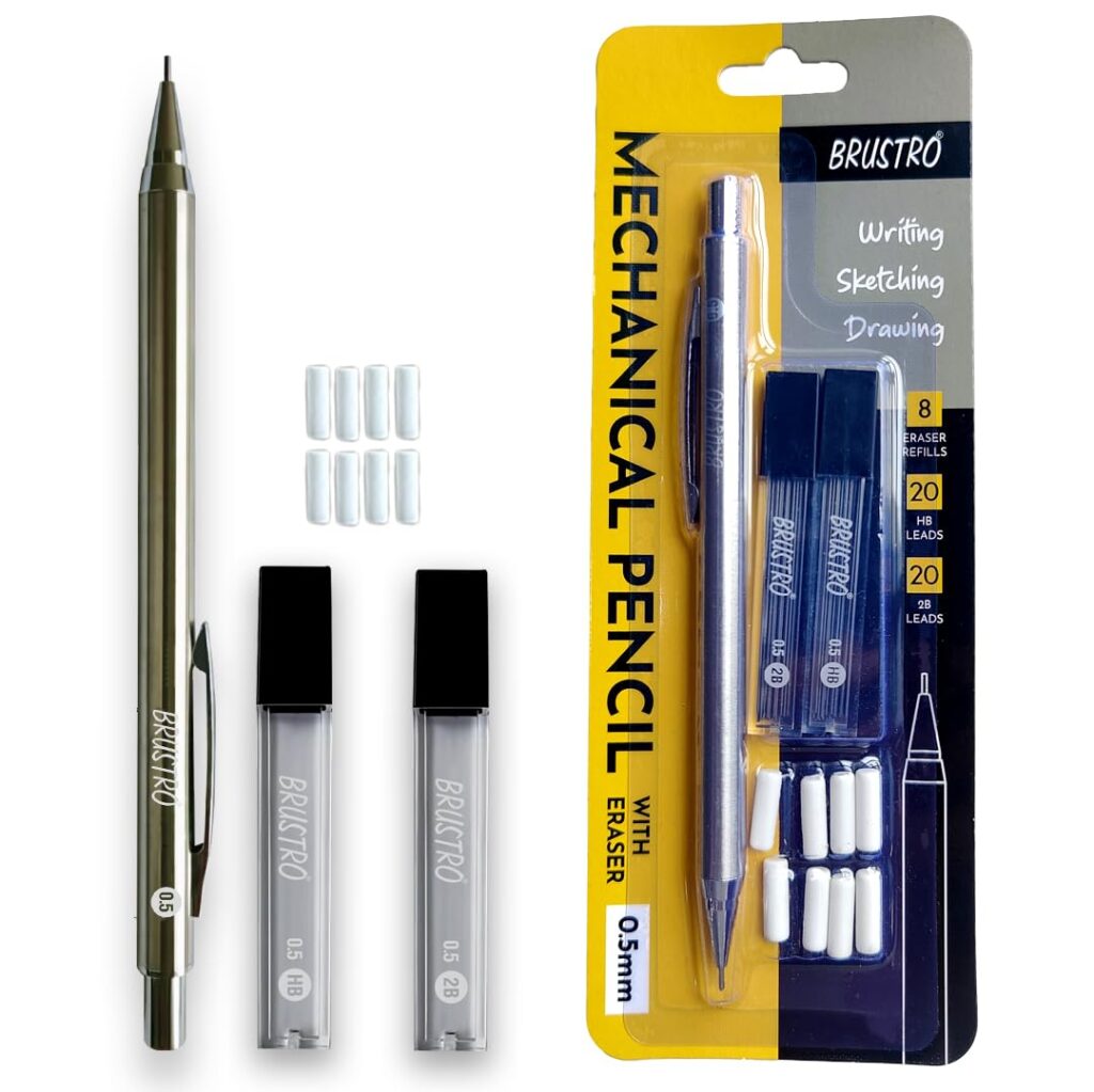 BRUSTRO Mechanical Pencil Set | HB-20 leads, 2B-20 leads, Spare eraser- 8 units|Tip size- 0.7 mm