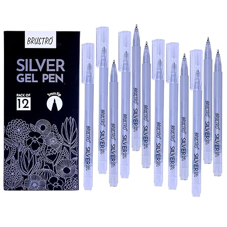 BRUSTRO Silver Gel Pen Pack of 12-1mm Brustro Silver Gel Pen Pack of 12 | 1mm Metallic Gel Pens for Art & Writing