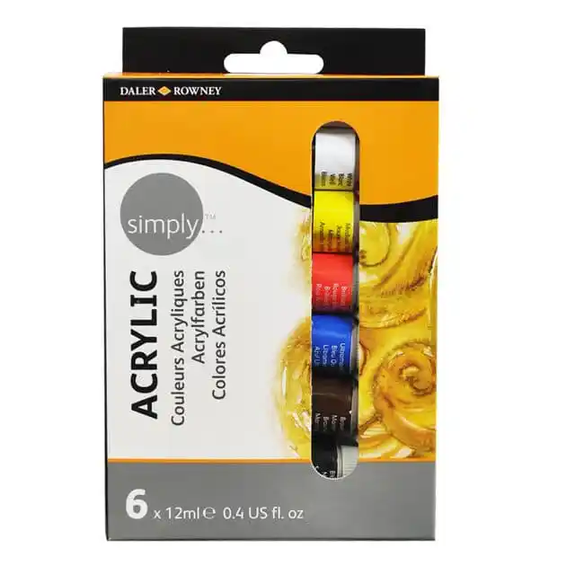 DALER ROWNEY SIMPLY ACRYLIC 6X12ML SET Daler Rowney Simply Acrylic Paint Set 6 x 12ml | Acrylic Colours for Beginners, Students & Canvas Painting