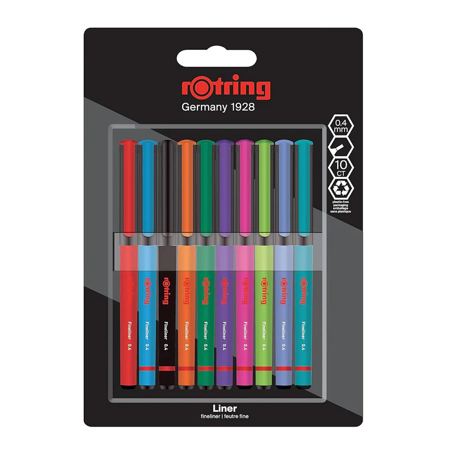 Rotring Fineliner Pens 0.4mm Pack of 10 Assorted colours | Colour Fineliner Pens for Drawing & Writing