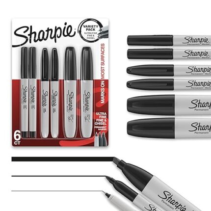 Sharpie Permanent Markers 6 Pack Assorted Sizes – Ultra Fine, Fine & Chisel Tip Black Ink