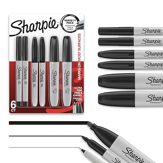 Sharpie Permanent Markers, 6 Pack Assorted Sizes, Ultra Fine Tip, Fine Tip and Chisel Tip Permanent Markers - Black Sharpie Permanent Markers 6 Pack Assorted Sizes – Ultra Fine, Fine & Chisel Tip Black Ink