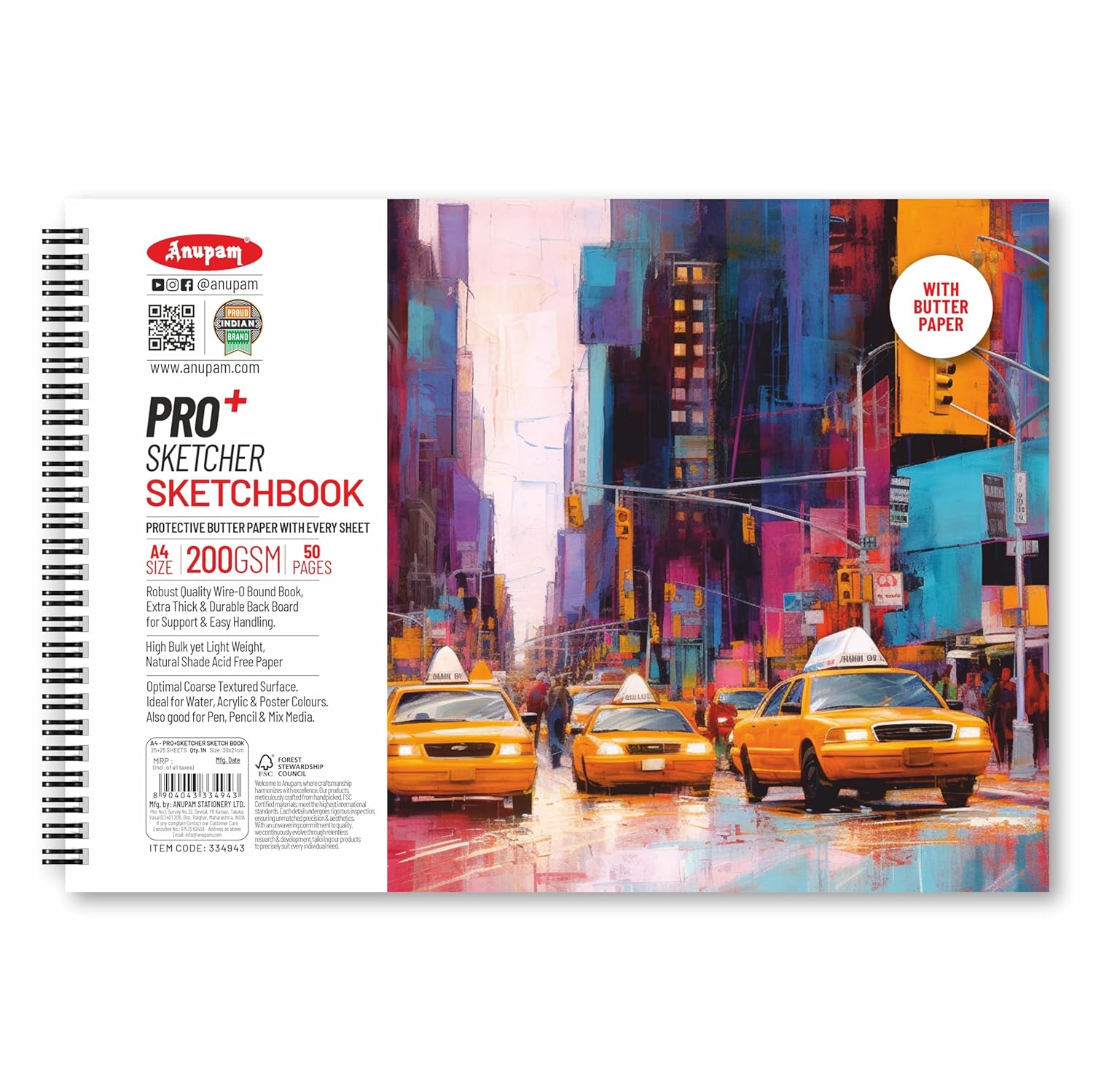 81gOwtDi4EL._SL1500_ Anupam Pro Sketcher Drawing Book with Butter Paper Pages A4 Size Spiral-Bound Sketchpad 200 GSM - Image 1