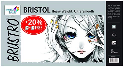 BR Bristol Paper A4 250Gsm Brustro Ultra Smooth Bristol Sheets, A4 Size, 250 GSM Pack of 20 + 4 Free Sheets
