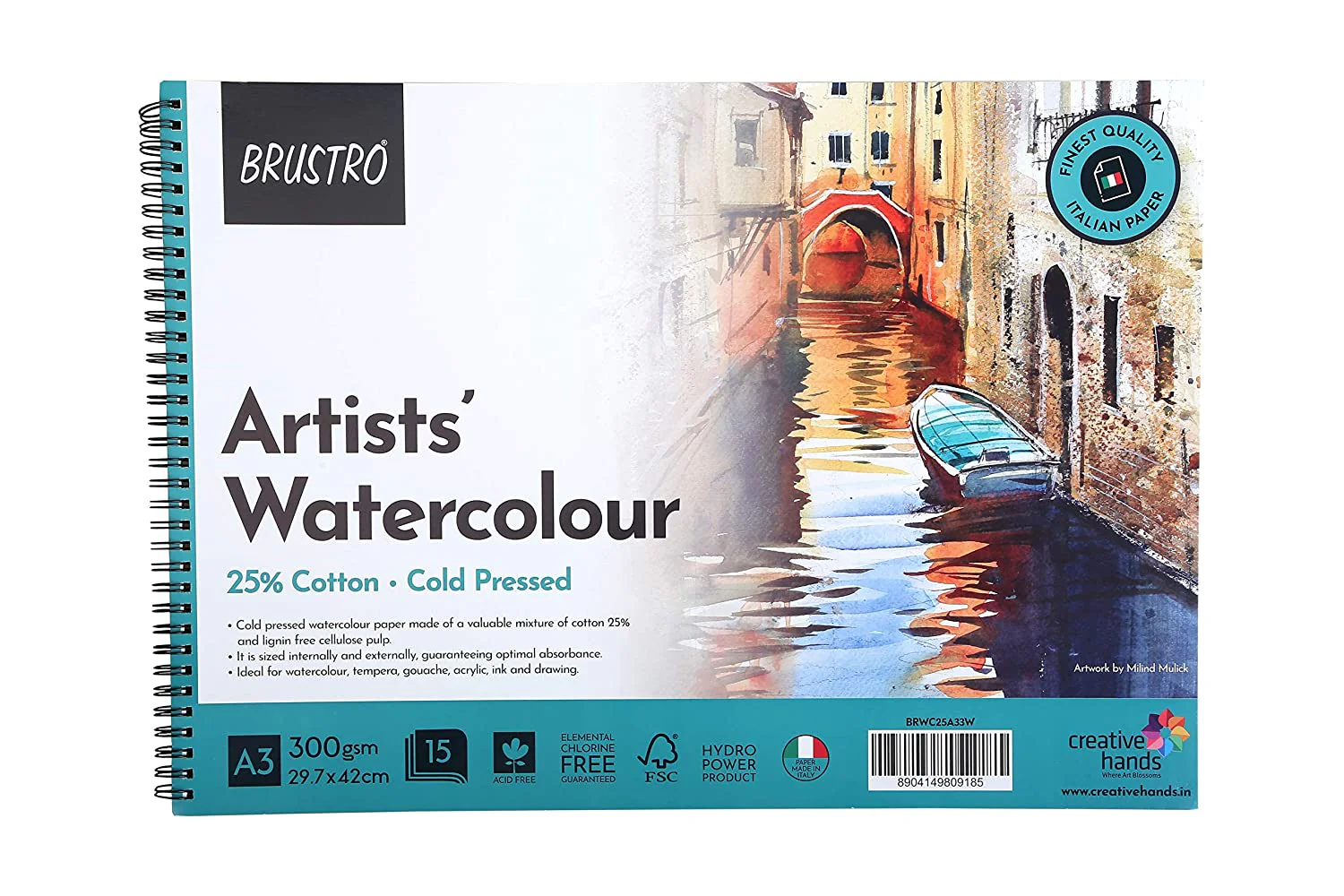 BR WC Wiro Pad A3 BRUSTRO Artist 25% Cotton Watercolour Pad, Wiro Cold Pressed, 300 GSM A3-15 Sheets