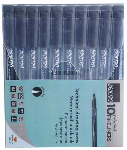 Brustro Professional Pigment Based Fineliner Pen Black Pack of 10 |Tip Size