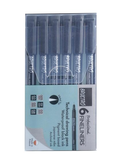BRUSTRO Professional Pigment Based Fineliner Pen Black Set of 6 - Tip Size 0.05mm, 0.1mm, 0.2mm, 0.3mm, 0.5mm, 0.8mm