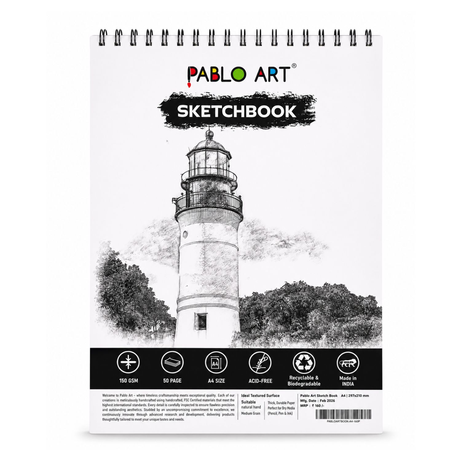 Sketchbook A4 150 Pablo Art Sketchbook A4 Spiral Binding